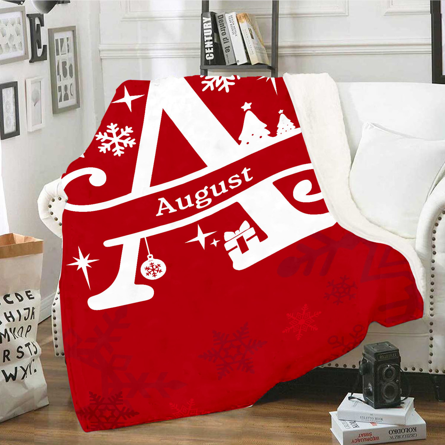 Manta de buen calidad de Navidad personalizada con 1 letra y 1 nombre-Jessemade ES