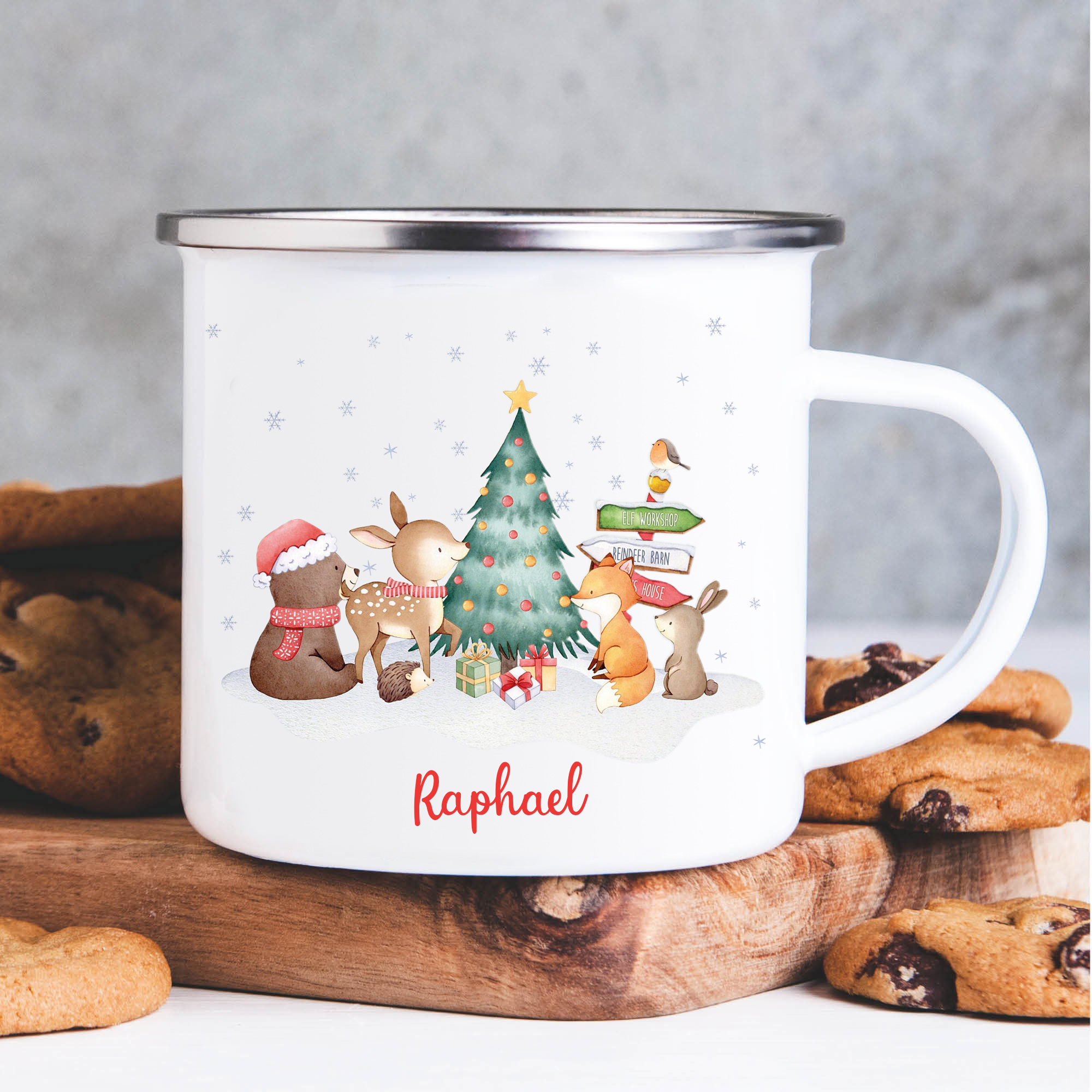 Navidad-Taza fiesta de animales para niños con 1 nombre personalizado-Jessemade ES