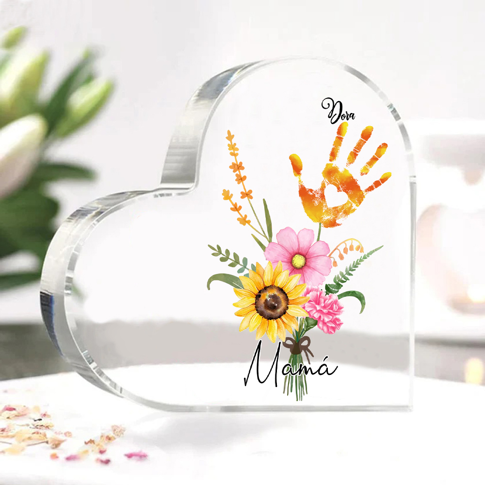 A mi mamá-Placa de acrílico en forma de corazón flor y manitas 1-5 nombres personalizados-Jessemade ES