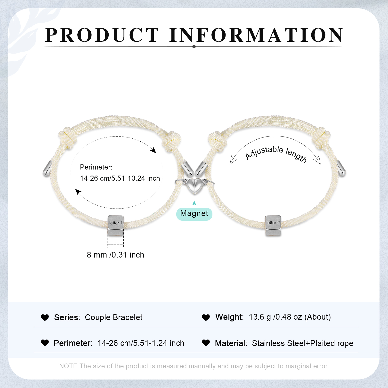 Pulseras de cuerda personalizadas para pareja con dije de corazón magnético grabado de dos letras-Jessemade ES