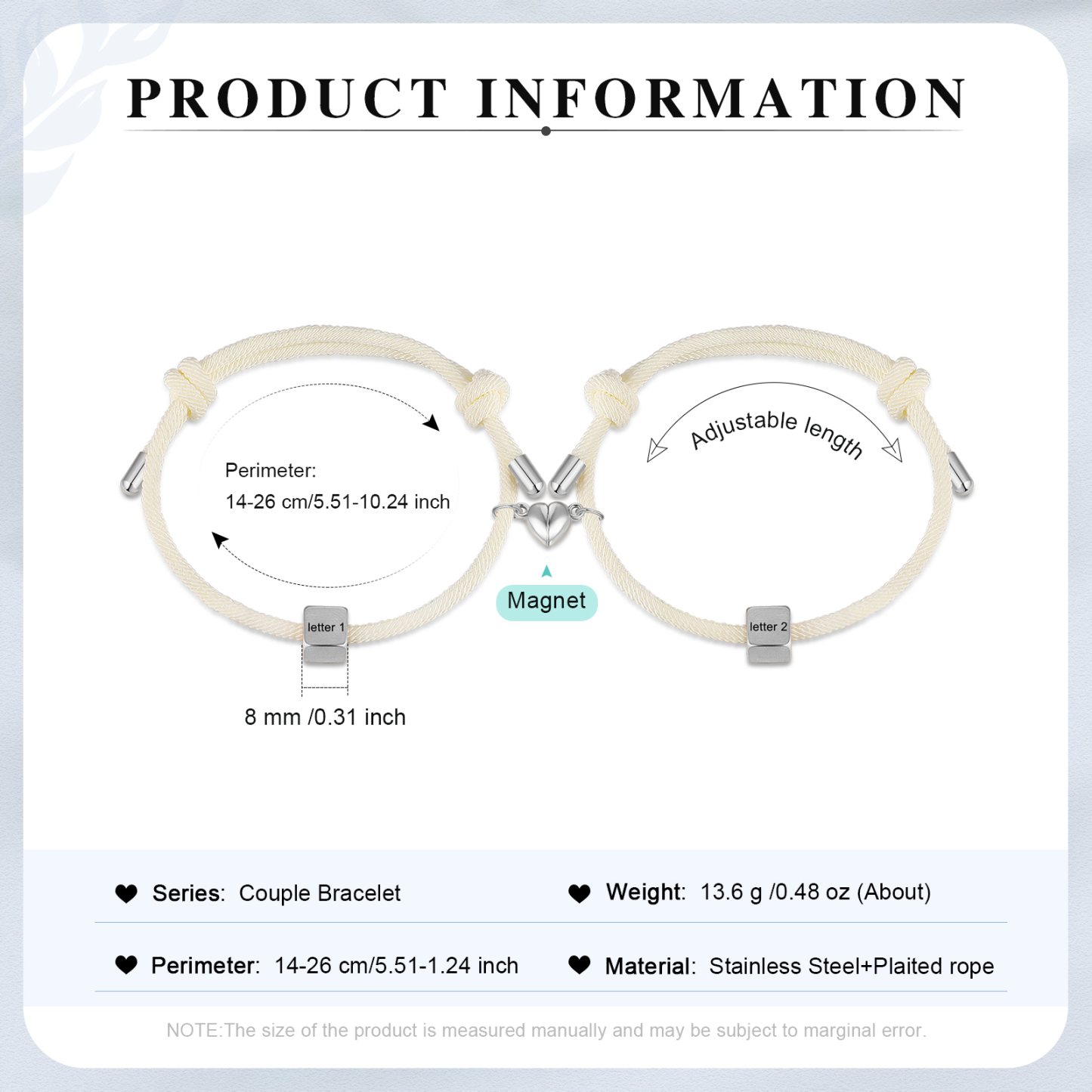 Pulseras de cuerda personalizadas para pareja con dije de corazón magnético grabado de dos letras-Jessemade ES