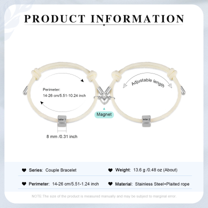 Pulseras de cuerda personalizadas para pareja con dije de corazón magnético grabado de dos letras-Jessemade ES