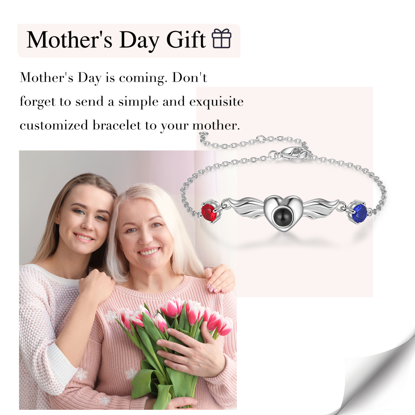 Pulsera con proyección de foto en color y personalizada con 2 piedras para mujer corazón con alas, Brazalete de proyección-Jessemade ES