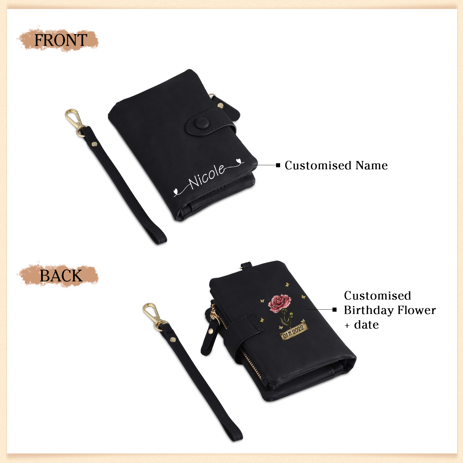 Cartera, billetera con 1 nombre, 1 fecha y 1 flor de nacimiento personalizados monedero clásico para mujer