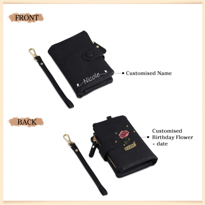 Cartera, billetera con 1 nombre, 1 fecha y 1 flor de nacimiento personalizados monedero clásico para mujer