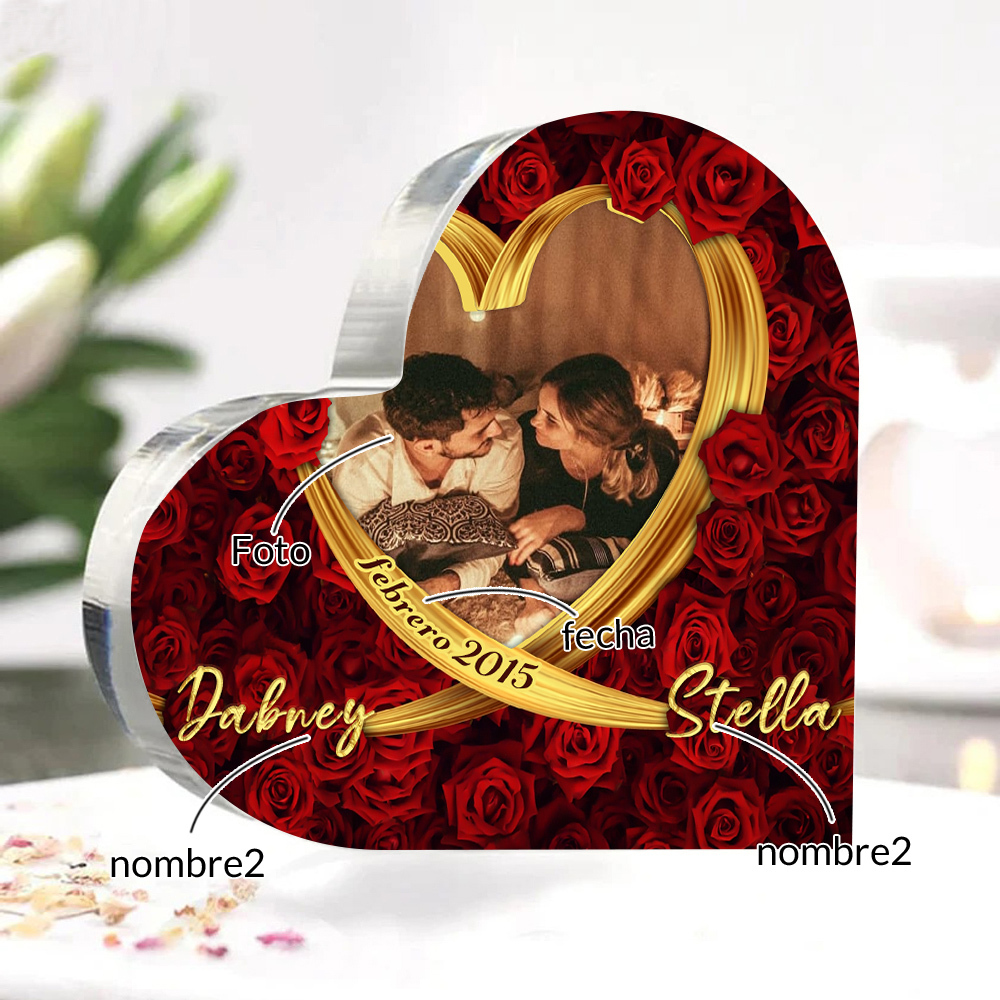 Placa de acrílico en forma de corazón con fecha, 2 nombres y foto personalizados-Jessemade ES