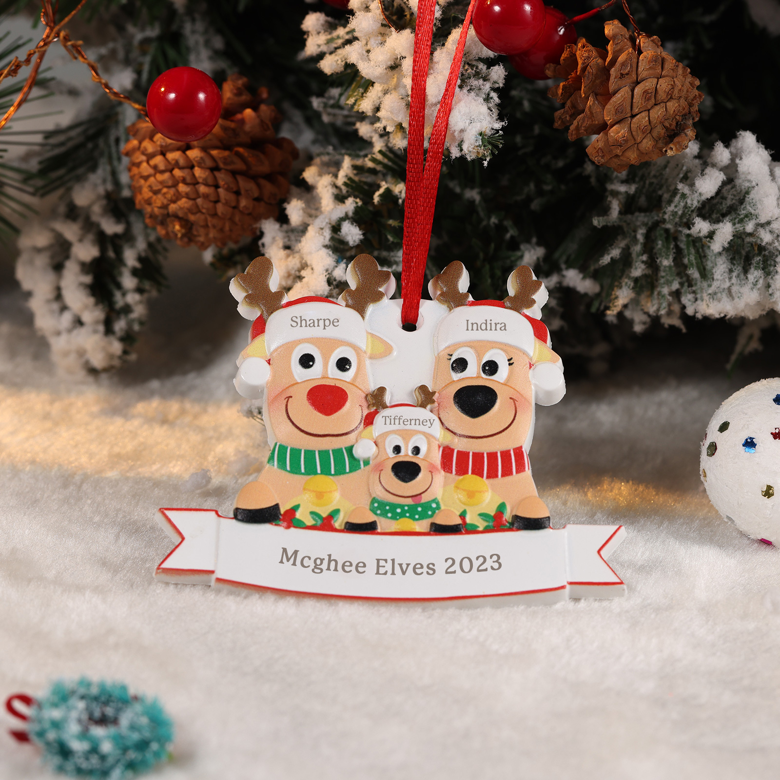 Navidad-Ornamento con muñecos familia de renos 3 nombres personalizados con texto adorno de árbol