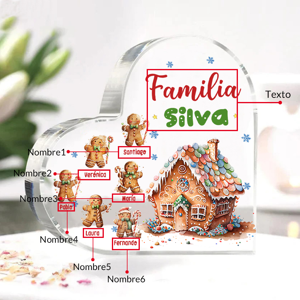 Navidad - Placa de acrílico en forma de corazón jengibres y su casa con 6 nombres y 1 texto personalizados-Jessemade ES