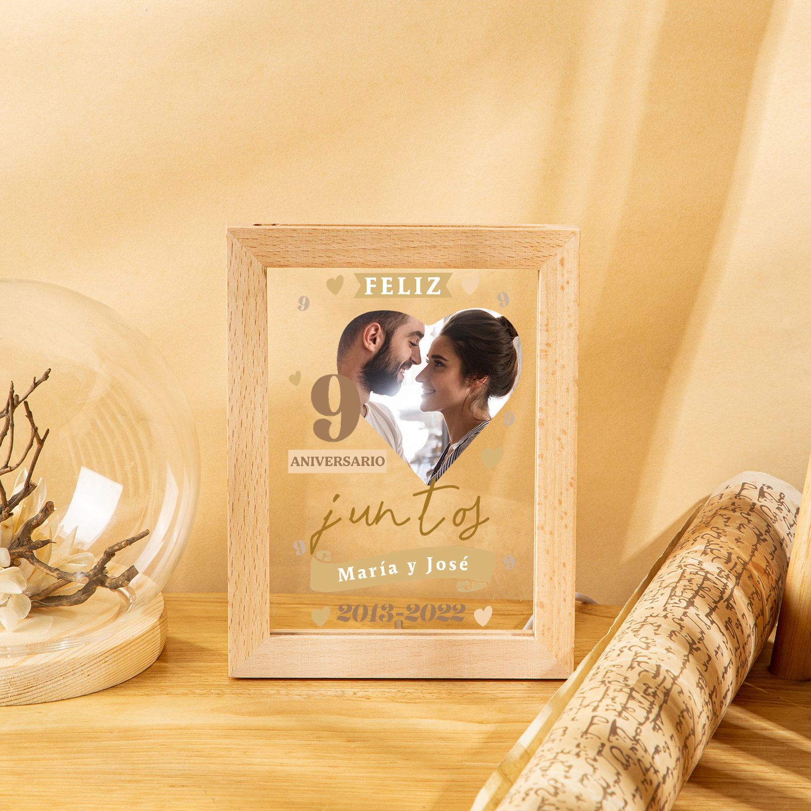 Marco con lámpara aniversario de 1 foto de madera para pareja 2 textos y número personalizados-Jessemade ES