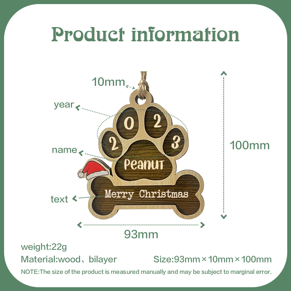 Navidad-Ornamento navideño de madera pata de perro con hueso con 1 nombre y 1 texto personalizados