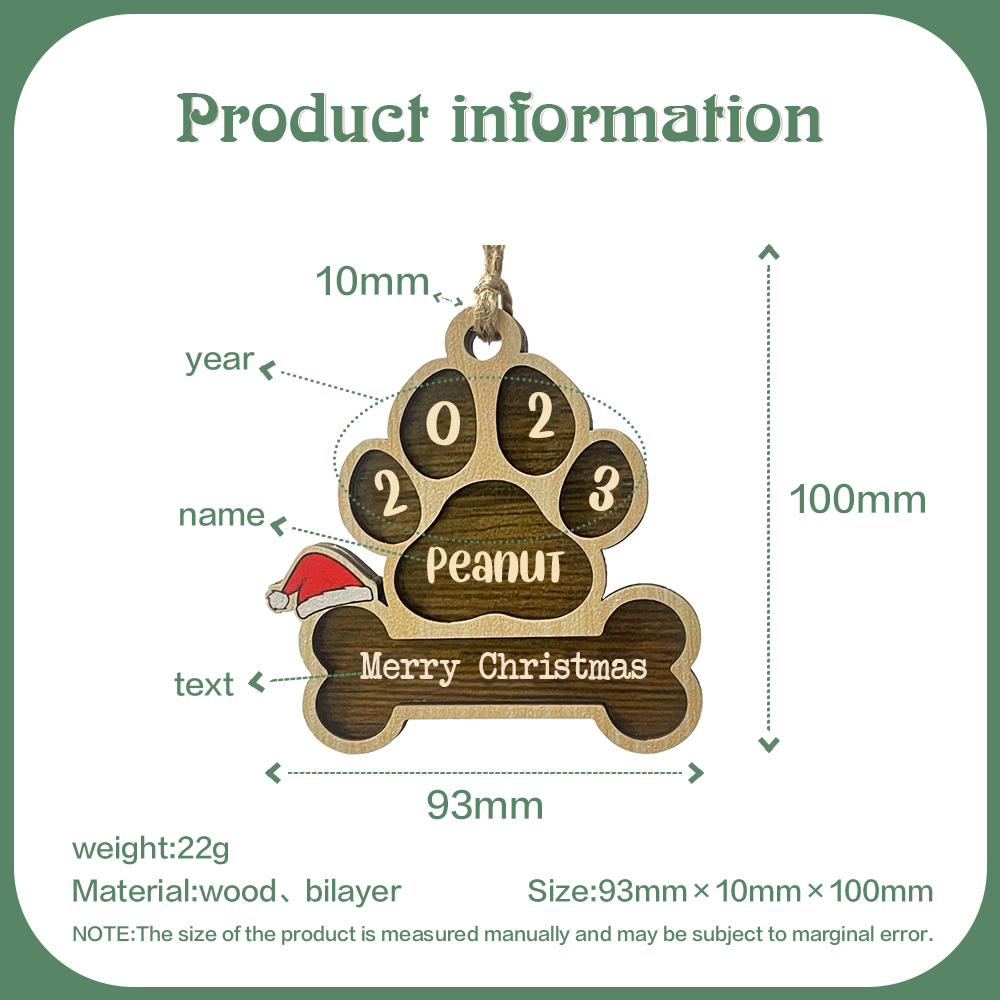 Navidad-Ornamento navideño de madera pata de perro con hueso con 1 nombre y 1 texto personalizados