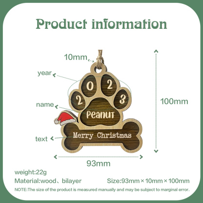 Navidad-Ornamento navideño de madera pata de perro con hueso con 1 nombre y 1 texto personalizados