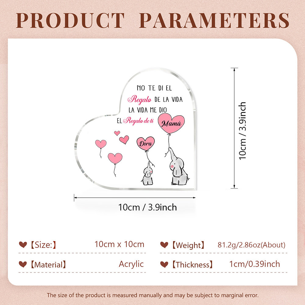 A mi mamá/abuela-Placa de acrílico en forma de corazón elefantes 2-5 nombres personalizados-Jessemade ES