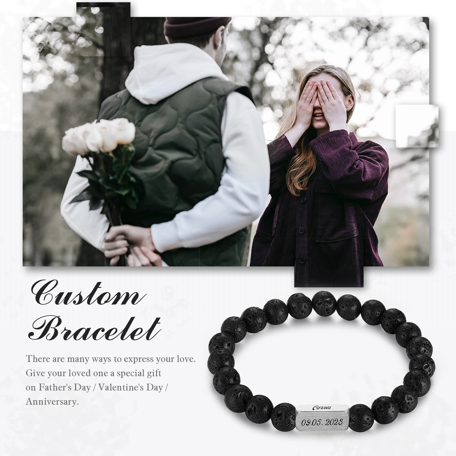 Pulsera de perlas personalizada con nombre y fecha para hombre-Jessemade ES