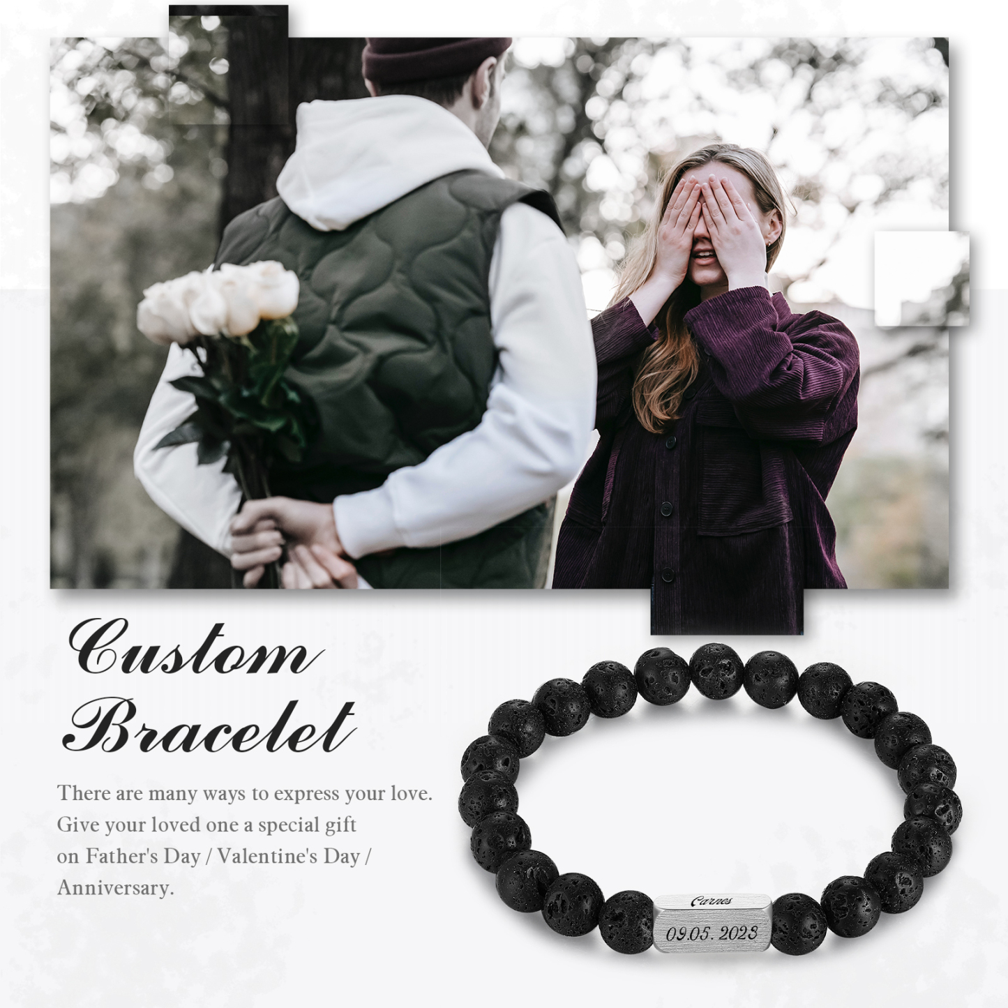 Pulsera de perlas personalizada con nombre y fecha para hombre-Jessemade ES