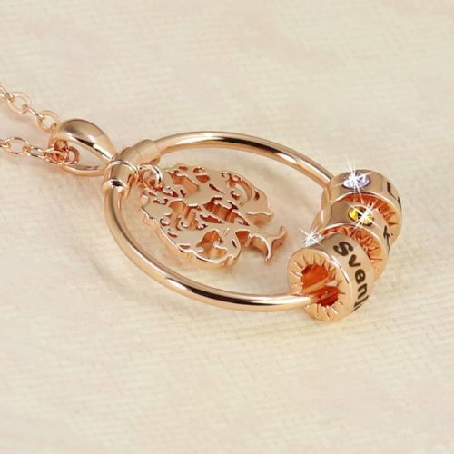 Collar con 1-5 círculos 1-5 piedras de nacimiento y nombres colgante de árbol de la vida oro rosa-Jessemade ES