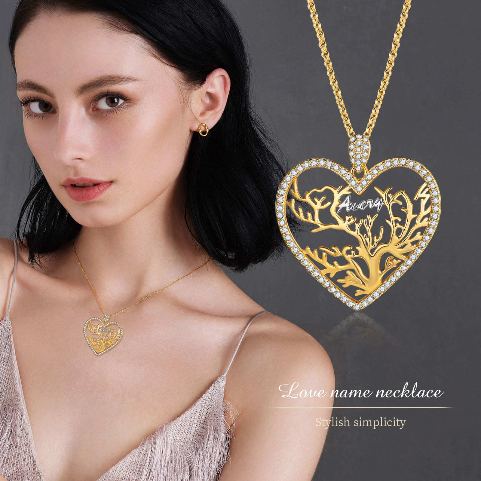 Collar con colgante de árbol de la vida en forma de corazón Árbol Genealógico 1 nombre-Jessemade ES