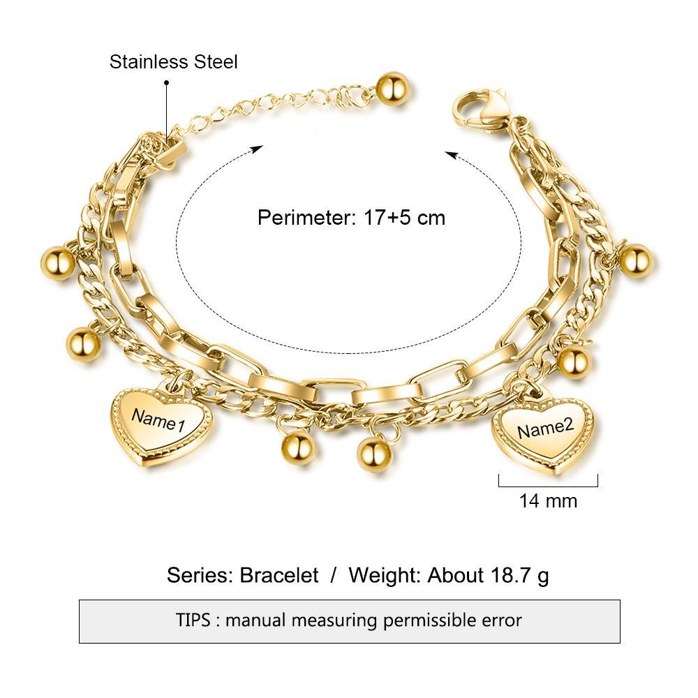 Pulsera de dobles cadenas con dije de corazón personalizada con 2 nombres-Jessemade ES