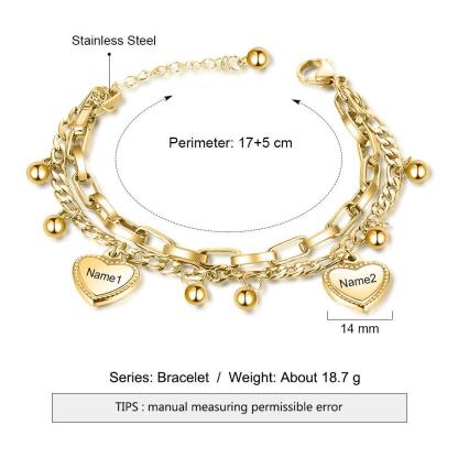 Pulsera de dobles cadenas con dije de corazón personalizada con 2 nombres-Jessemade ES