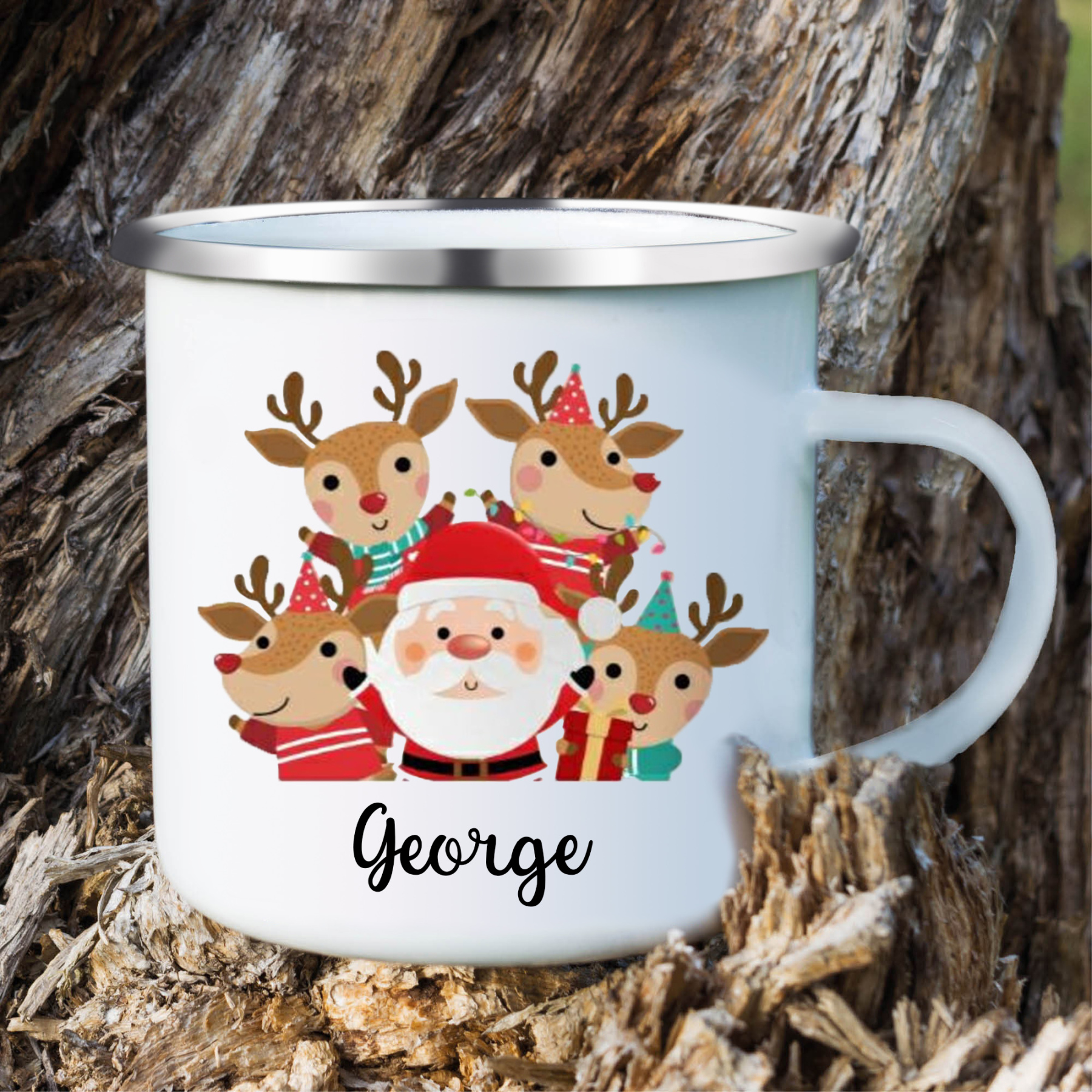 Navidad-Taza Papá Noel y renos para niños con 1 nombre personalizado-Jessemade ES