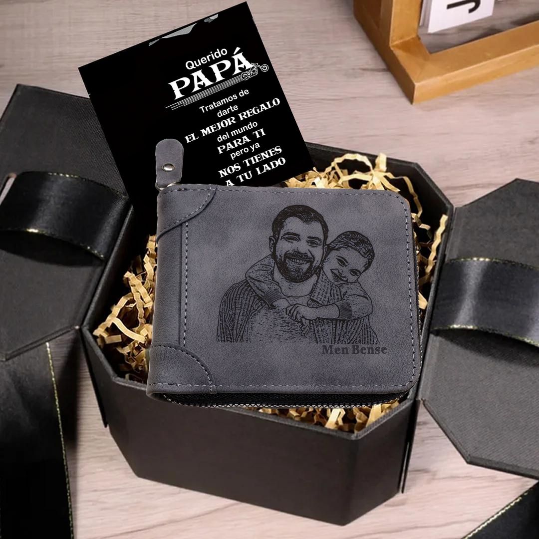 Cartera, billetera con cierre con 1 foto y 3 textos personalizados, monedero clásico para hombre | Jessemade