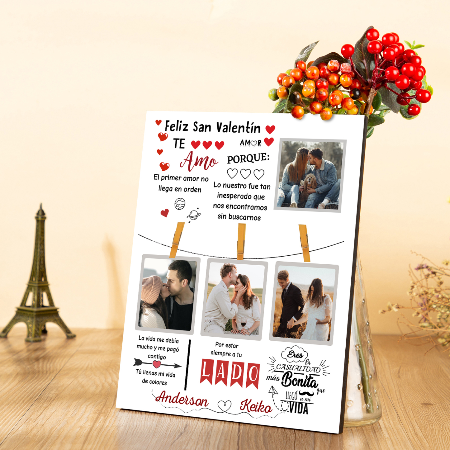 San Valentín-Lámina marco de madera para pareja personalizado con 2 nombres y 4 fotos-Jessemade ES