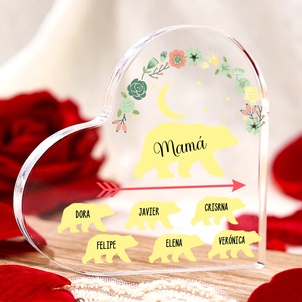 A mi mamá-Placa de acrílico en forma de corazón osos 1-6 nombres personalizados-Jessemade ES