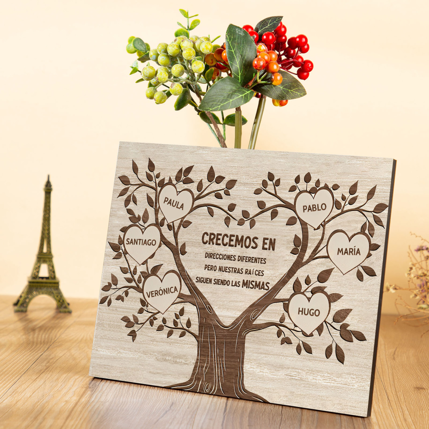 A mi familia-Lámina marco de madera Árbol de la Vida 6 nombres personalizados-Jessemade ES