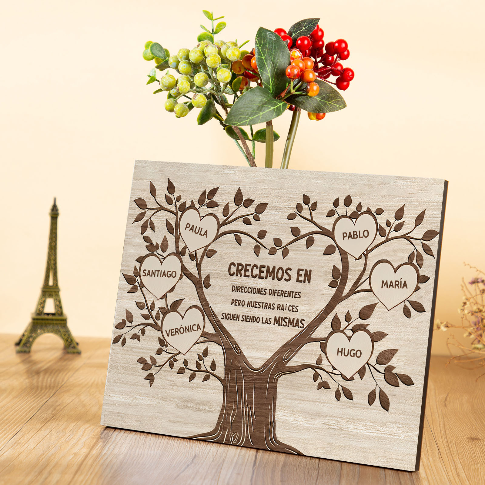 A mi familia-Lámina marco de madera Árbol de la Vida 6 nombres personalizados-Jessemade ES