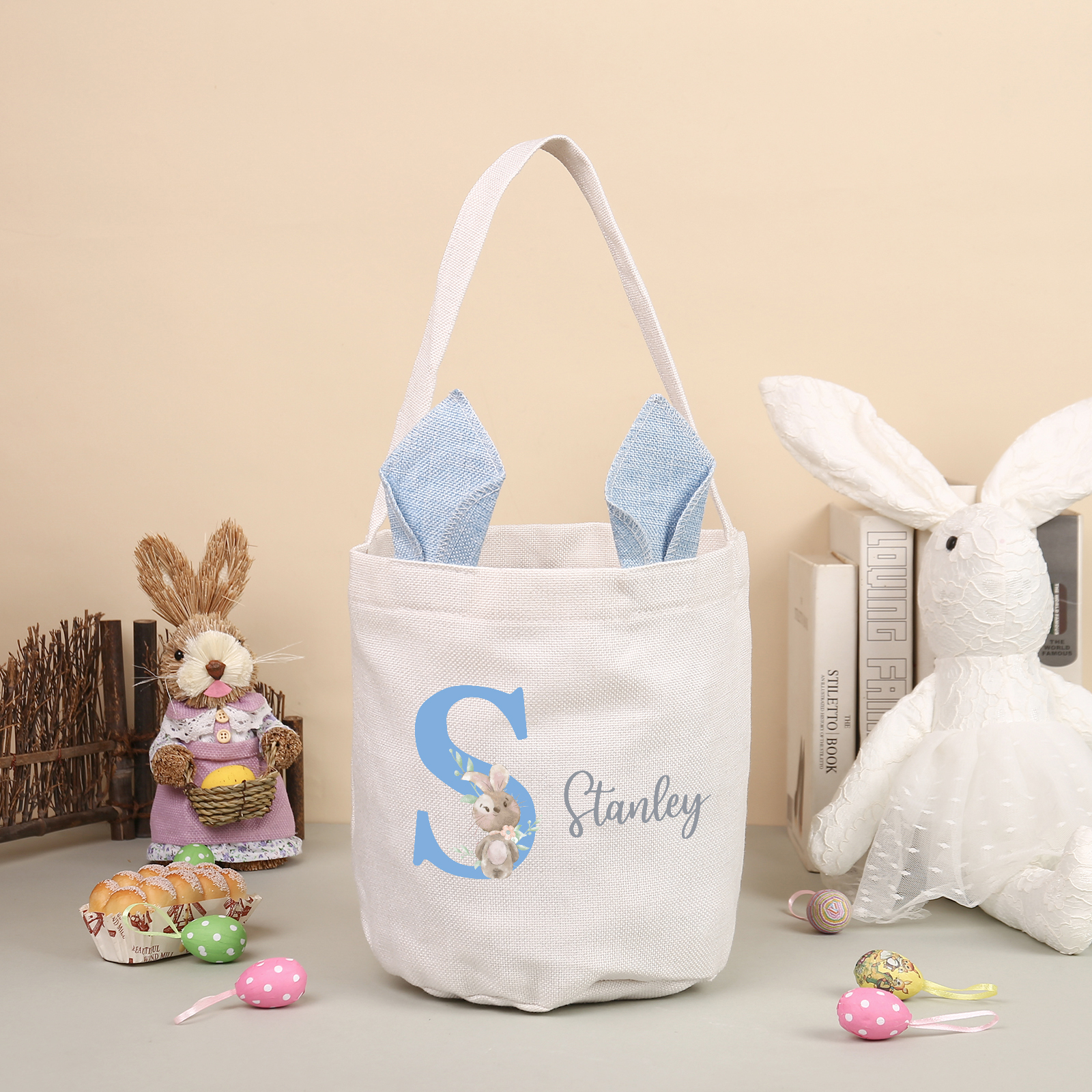 Pascua-Bolsa de conejo con 1 nombre y 1 letra personalizados-Jessemade ES