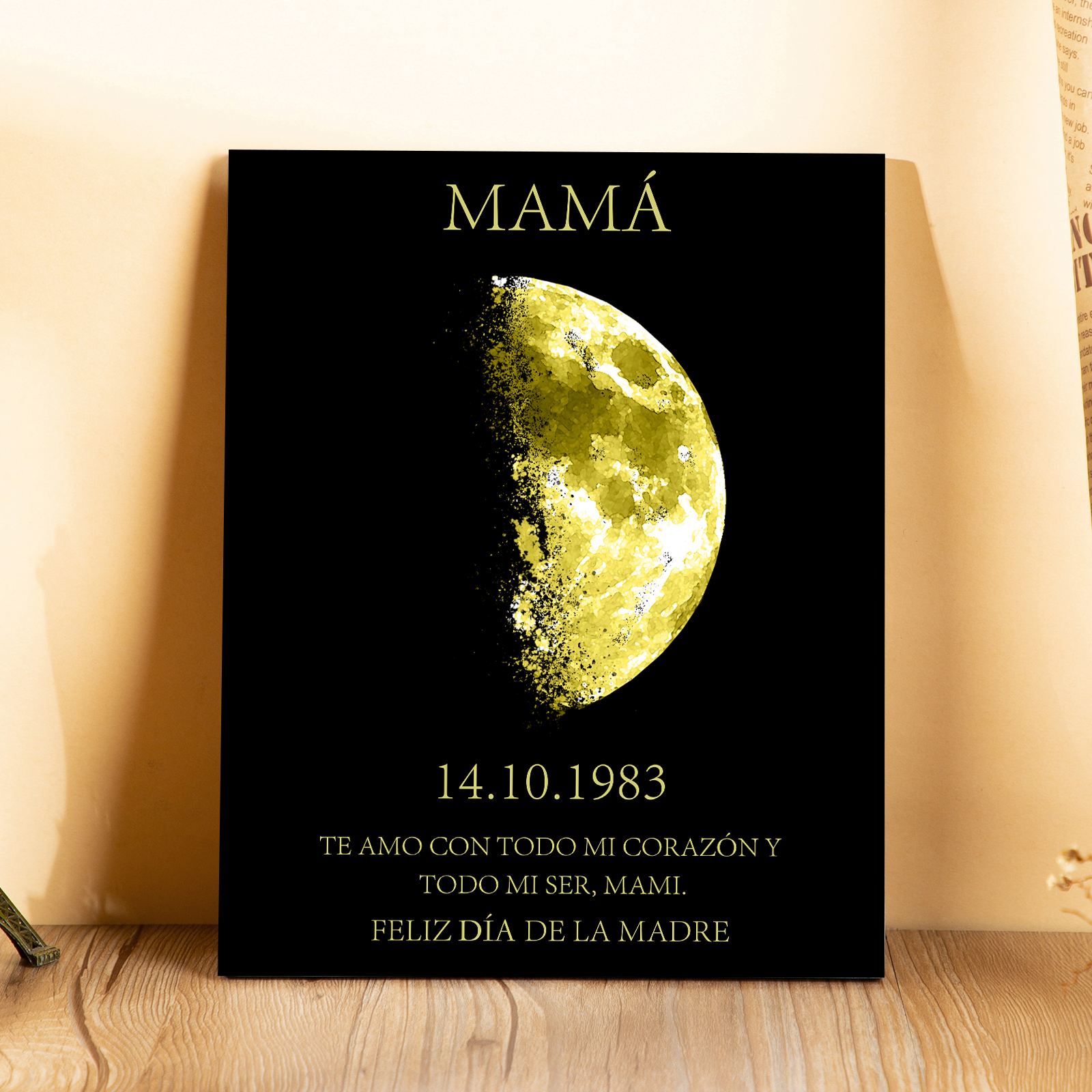 A mi mamá-Lámina con luna marco de madera personalizado con fecha y texto-Jessemade ES