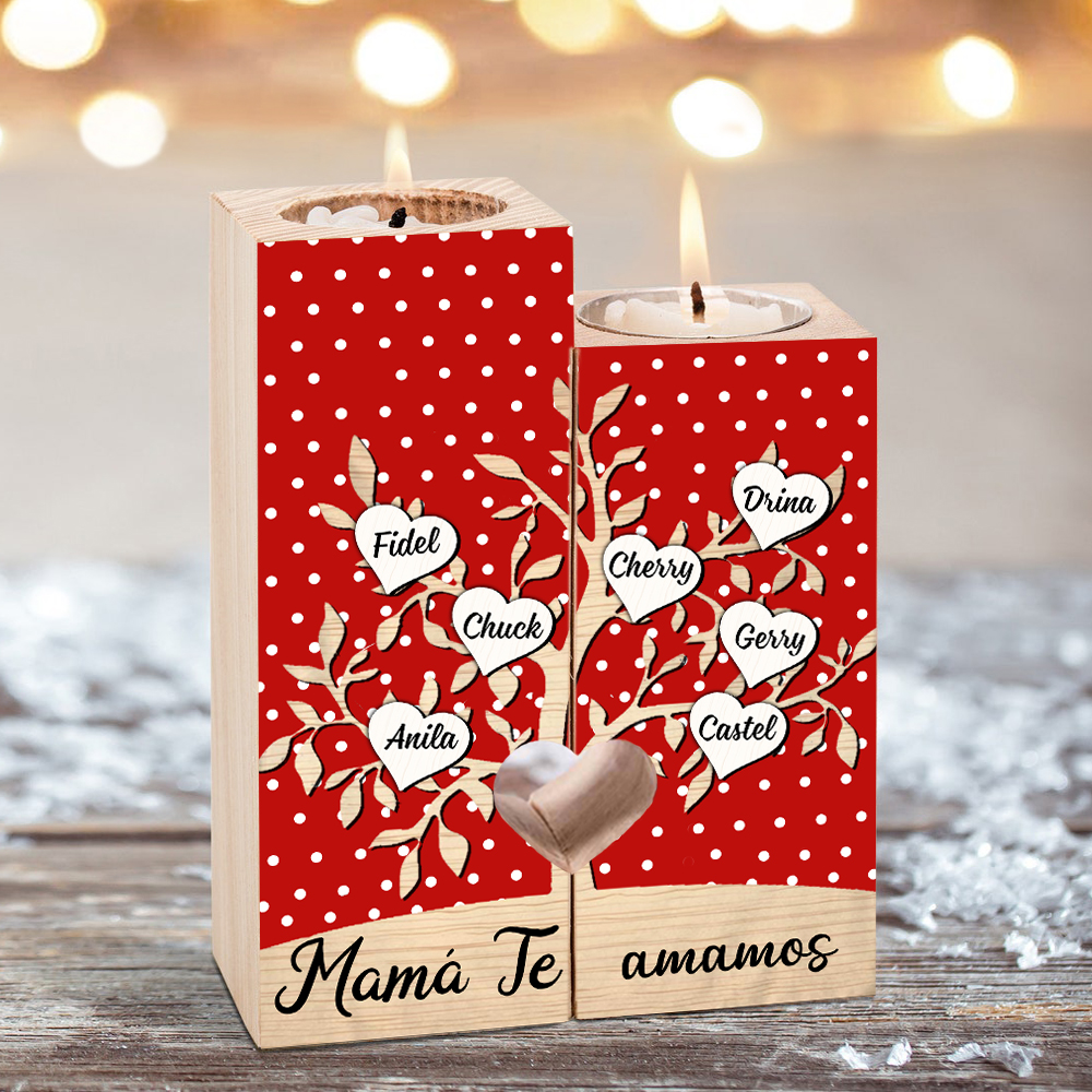 A la familia-Candelero de árbol de la vida de madera personalizado con 3-8 nombres y 1 texto sin vela-Jessemade ES