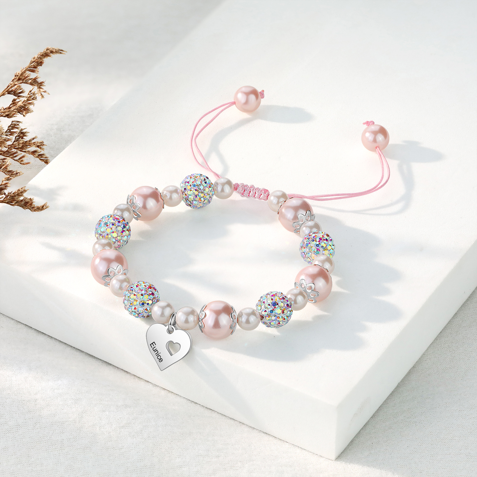 Unidad de 2 pulseras de perlas para mamá e hija con dije personalizado de 2 nombres