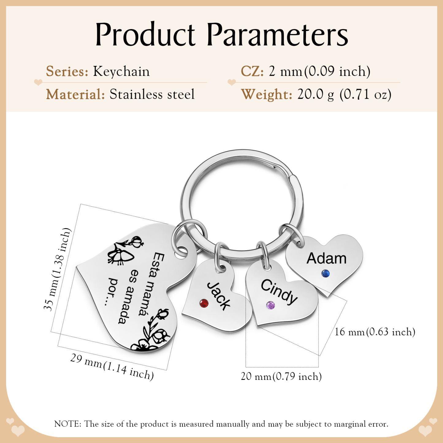 A mi mamá/abuela - Llavero con 3 nombres y piedras de nacimiento personalizados en corazones con texto-Jessemade ES