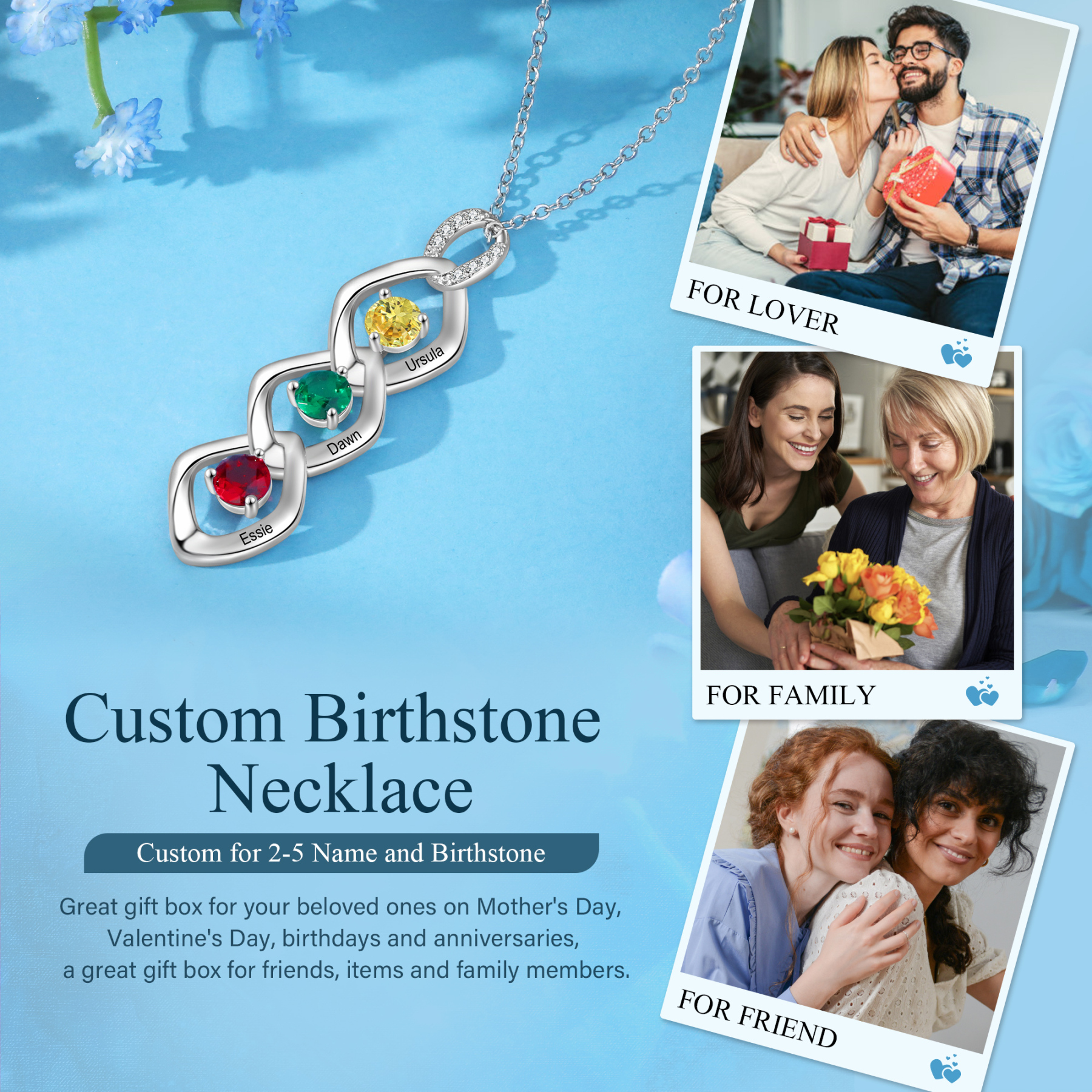 Collar de lazos con 2-5 nombres y piedras de nacimiento personalizados-Jessemade ES