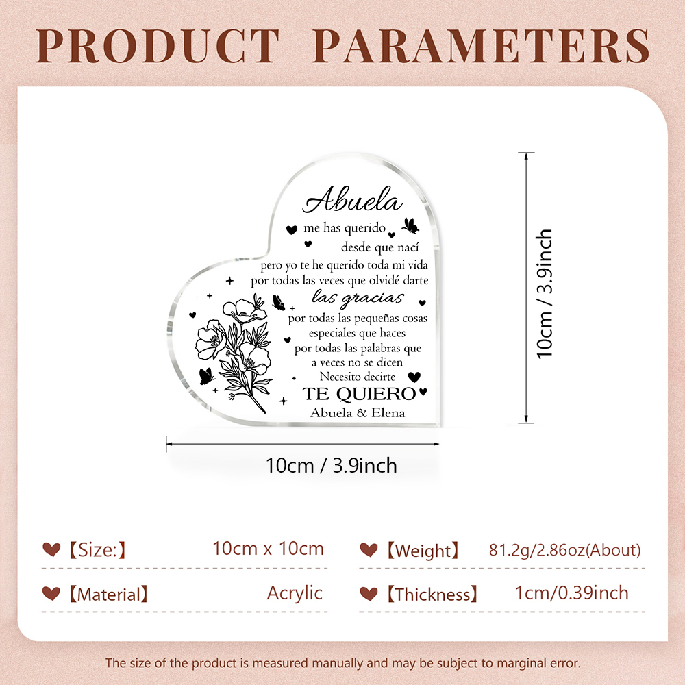 Abuela - Placa de acrílico en forma de corazón flores 2 nombres personalizados-Jessemade ES