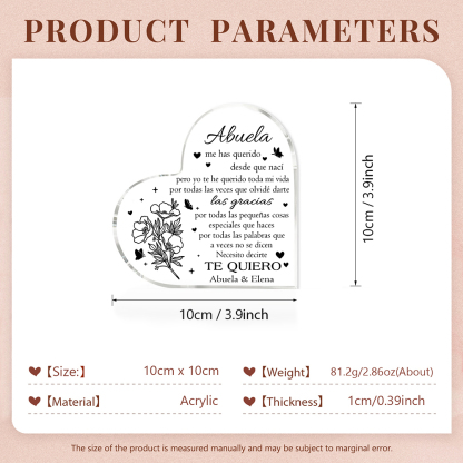 Abuela - Placa de acrílico en forma de corazón flores 2 nombres personalizados-Jessemade ES