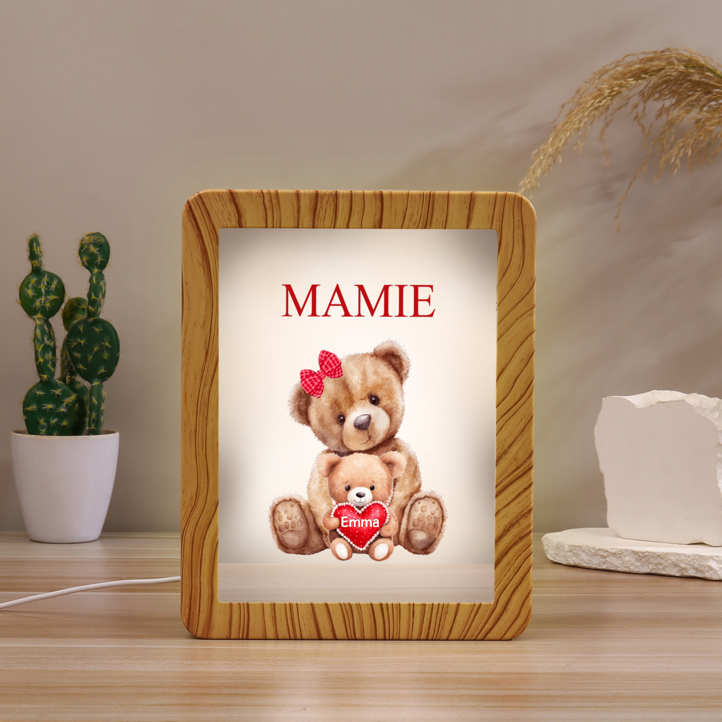 Marco/Espejo con LED Multifuncional Familia de Osos 1-4 Nombres Personalizados con 1 Texto-Jessemade ES