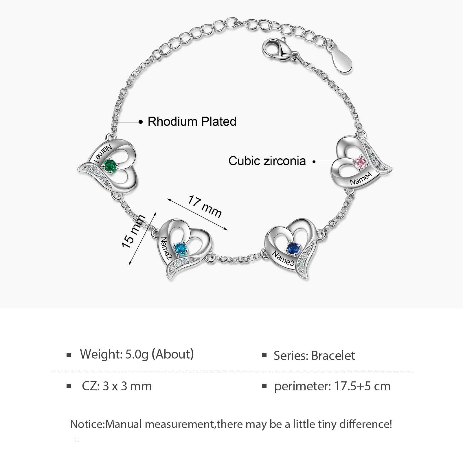 Pulsera de Corazones 4 Nombres Personalizados con 4 Piedras de Nacimiento-Jessemade ES