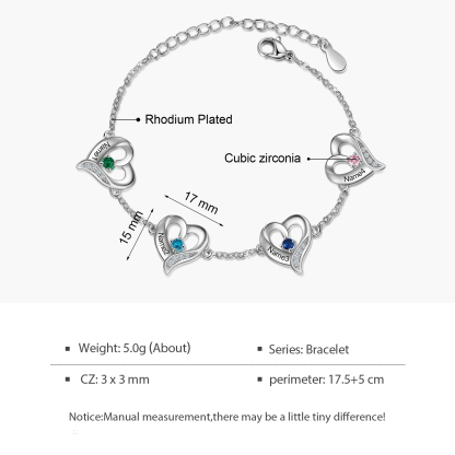 Pulsera de Corazones 4 Nombres Personalizados con 4 Piedras de Nacimiento-Jessemade ES