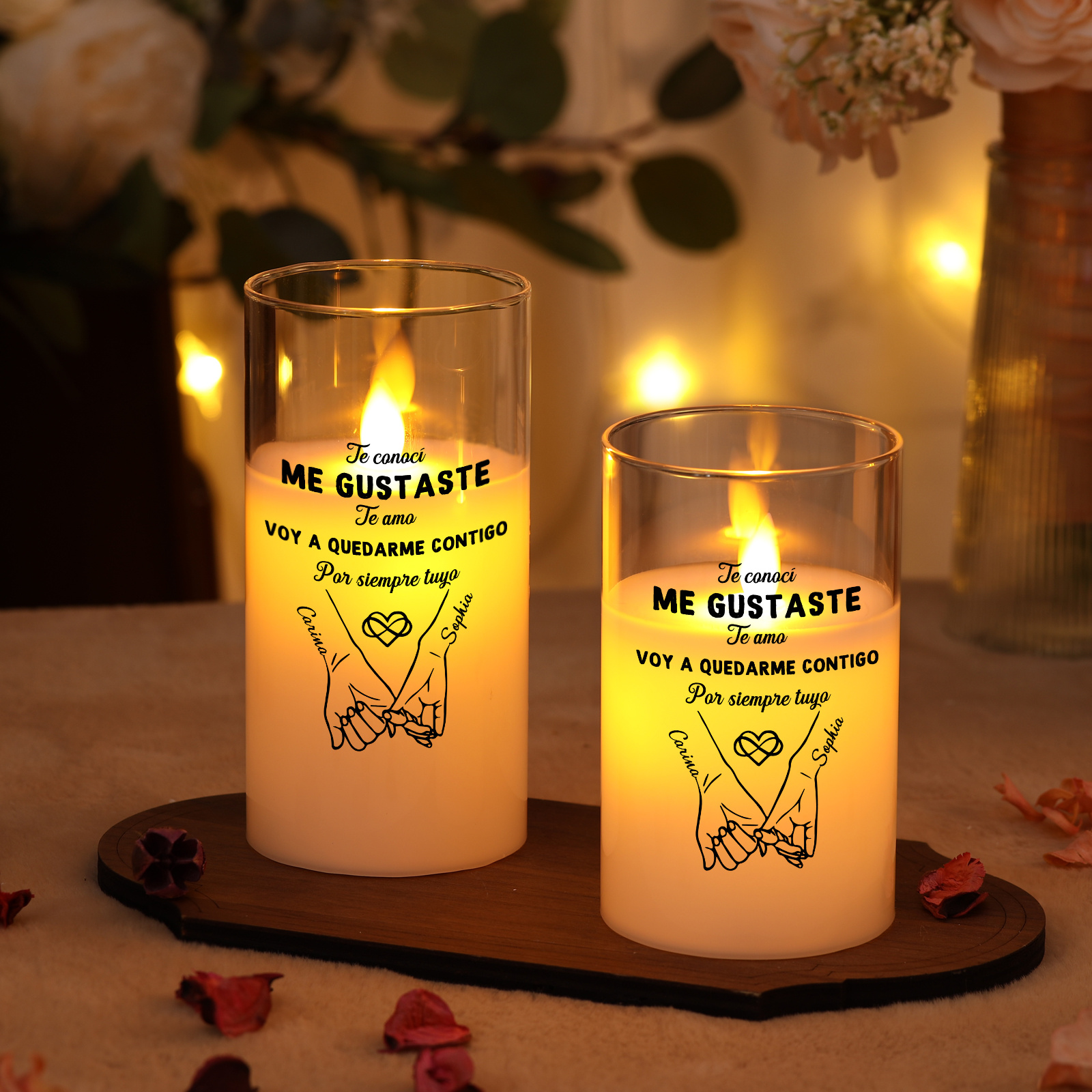 Vela LED personalizada con nombres en vidrio – regalo romántico para parejas