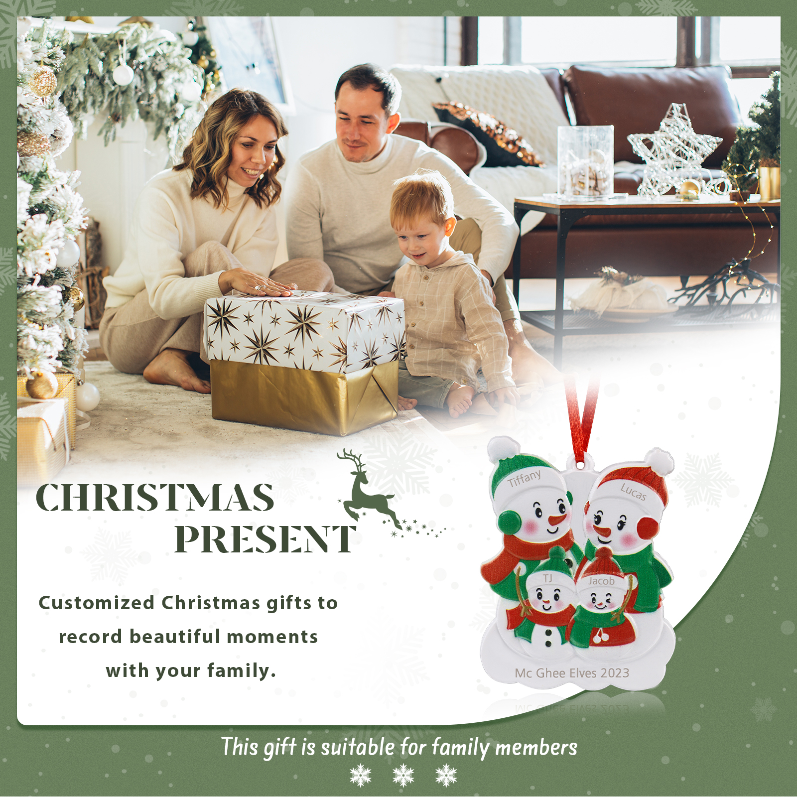 Navidad-Ornamento de resina con muñecos de nieve 4 nombres personalizados con texto adorno de árbol