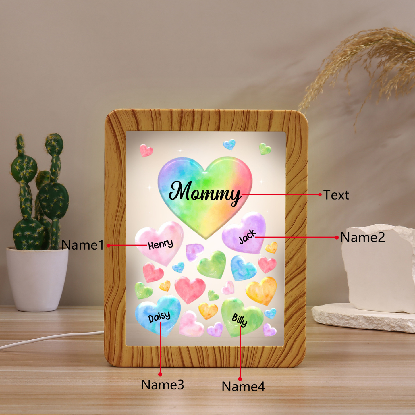 Marco/Espejo con LED Multifuncional Corazones 1-7 Nombres Personalizados con 1 Texto-Jessemade ES