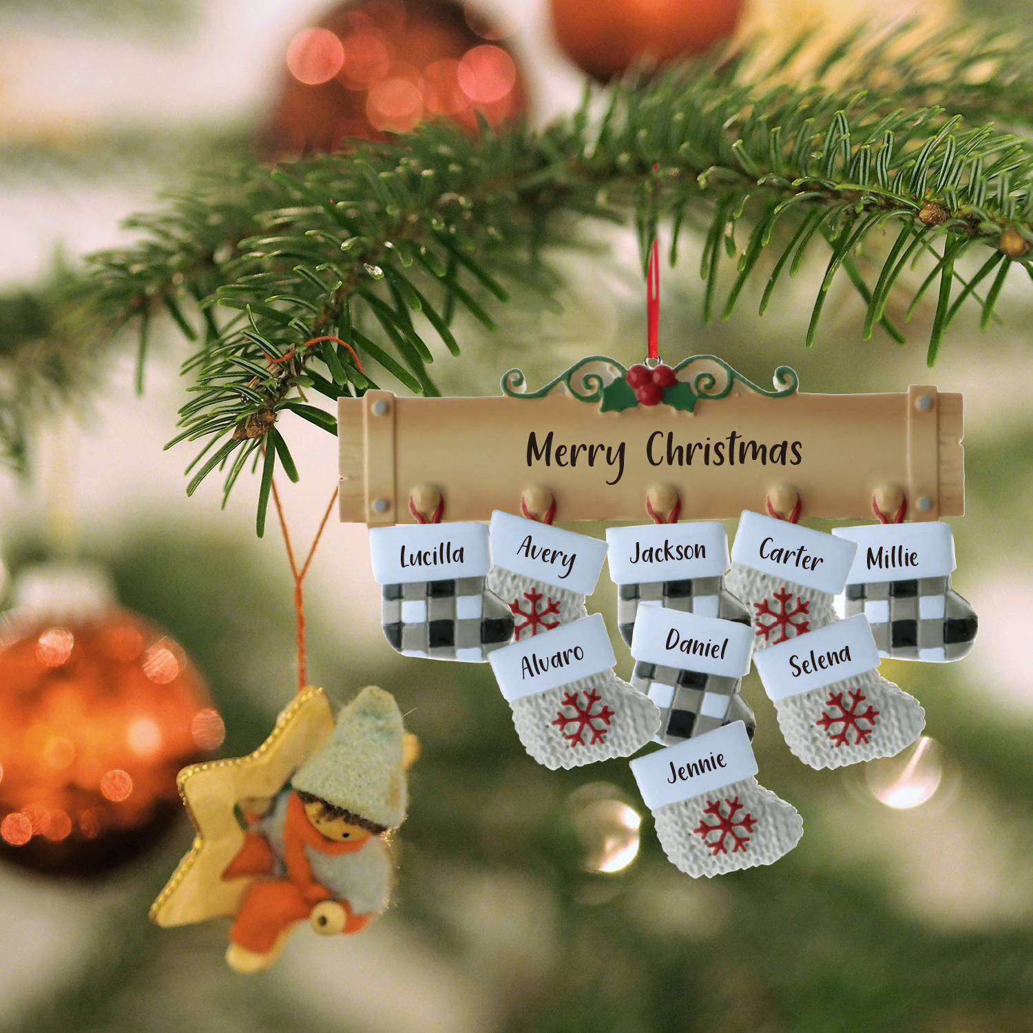 Navidad-Ornamento muñecos navideño de madera calcetines 9 nombres y 1 texto personalizados adorno del árbol-Jessemade ES