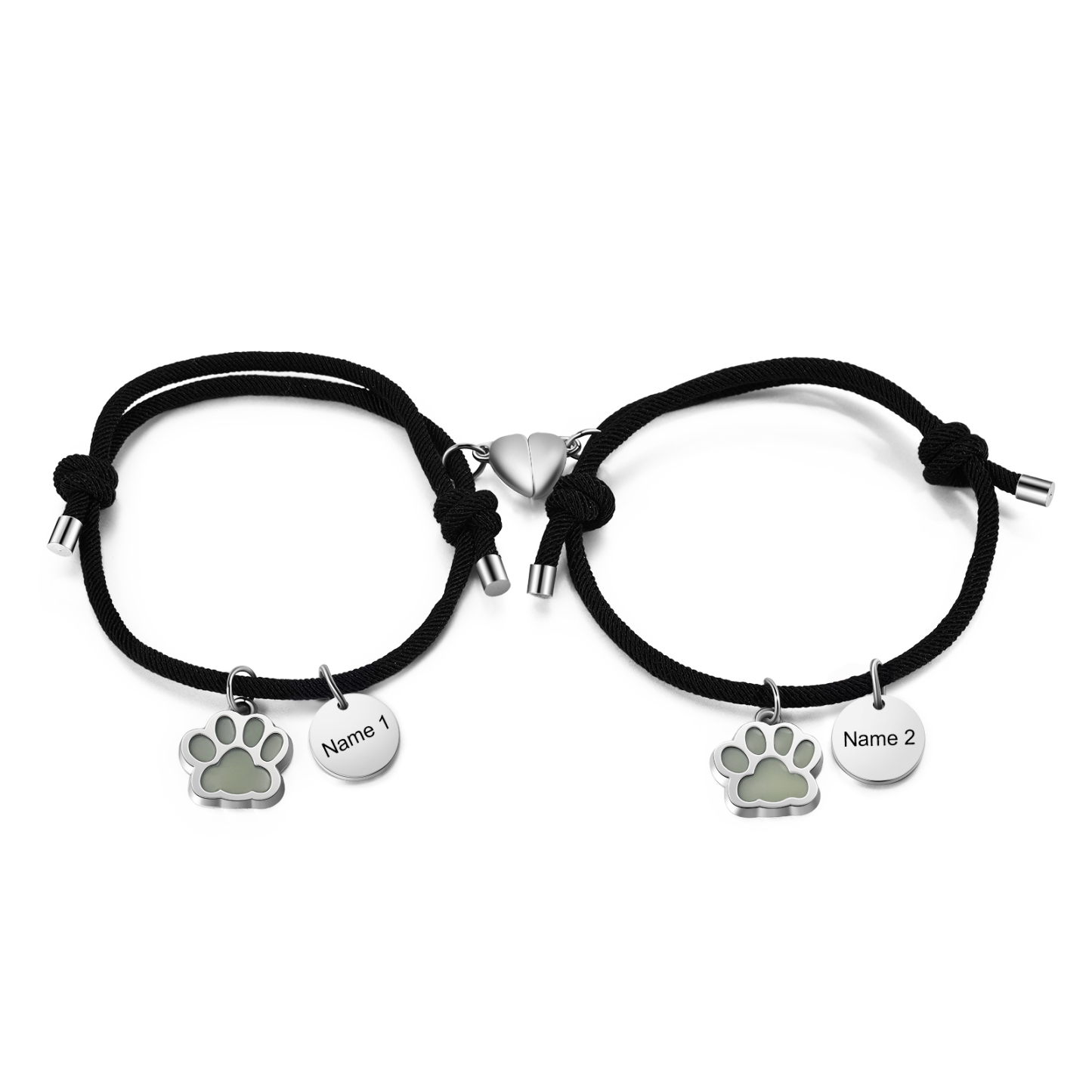 Pulsera para pareja de pata fluorescente 2 nombres personalizados con dije de corazón magnético-Jessemade ES