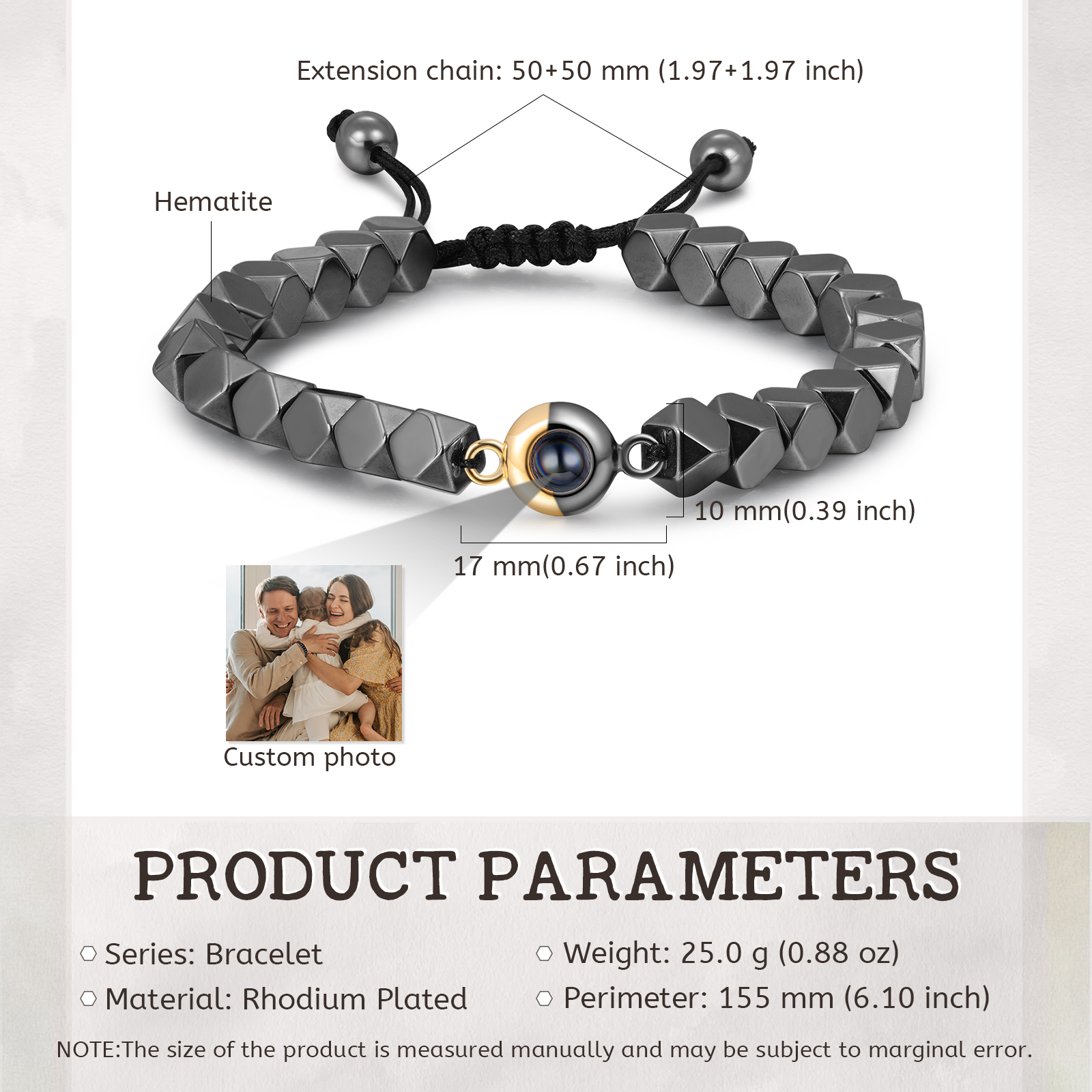 Pulsera de perlas rómbicas con proyección de foto en color para hombre-Jessemade ES