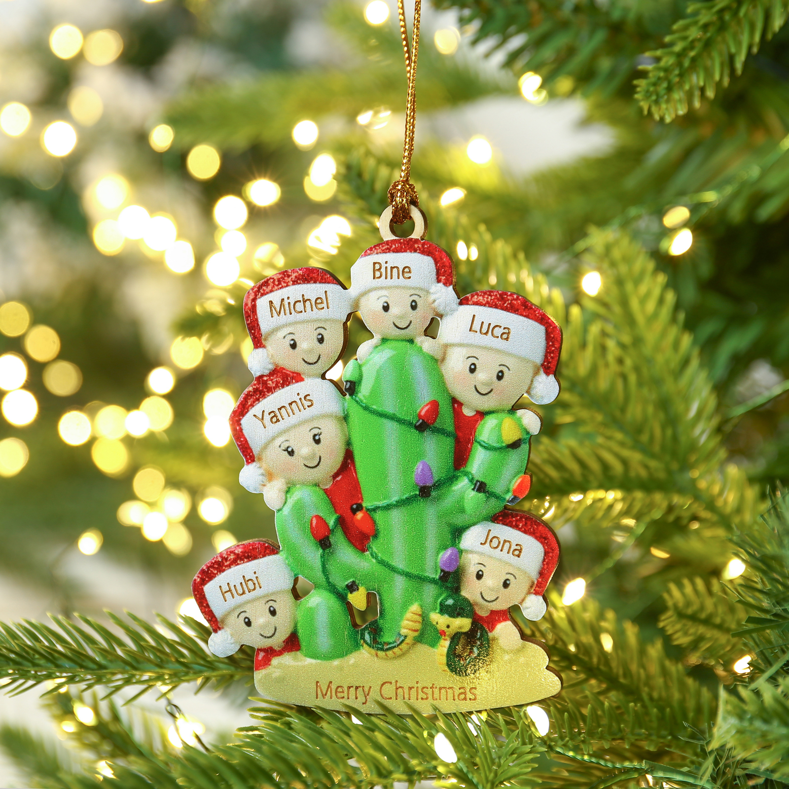 Navidad-Ornamento muñecos navideño de madera cactus 6 nombres y 1 texto personalizados adorno del árbol-Jessemade ES