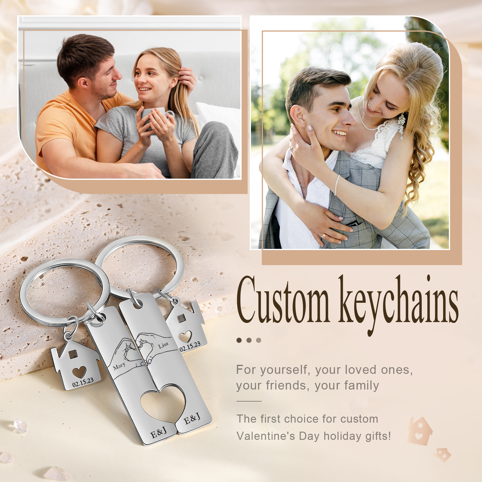 Llavero para pareja posando corazón con manos 2 nombres, 2 letras personalizados con fecha dije de casa-Jessemade ES