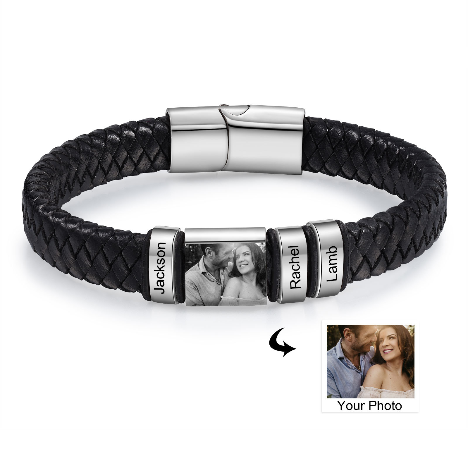 Pulsera de Cueros Trenzados Aros Personalizados de 2-5 Nombres y Placa de Foto-Jessemade ES