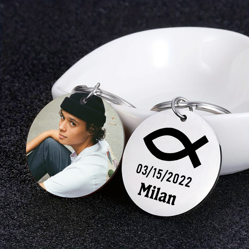 Comunión-Llavero con icono de comunión 1 foto, 1 fecha y 1 nombre personalizados-Jessemade ES